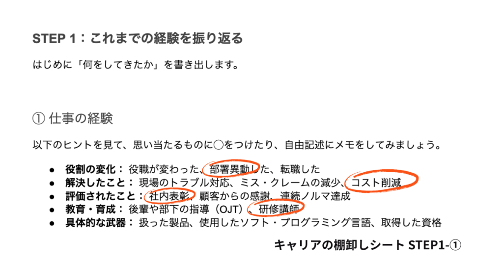 キャリアの棚卸しシート：ステップ1−1